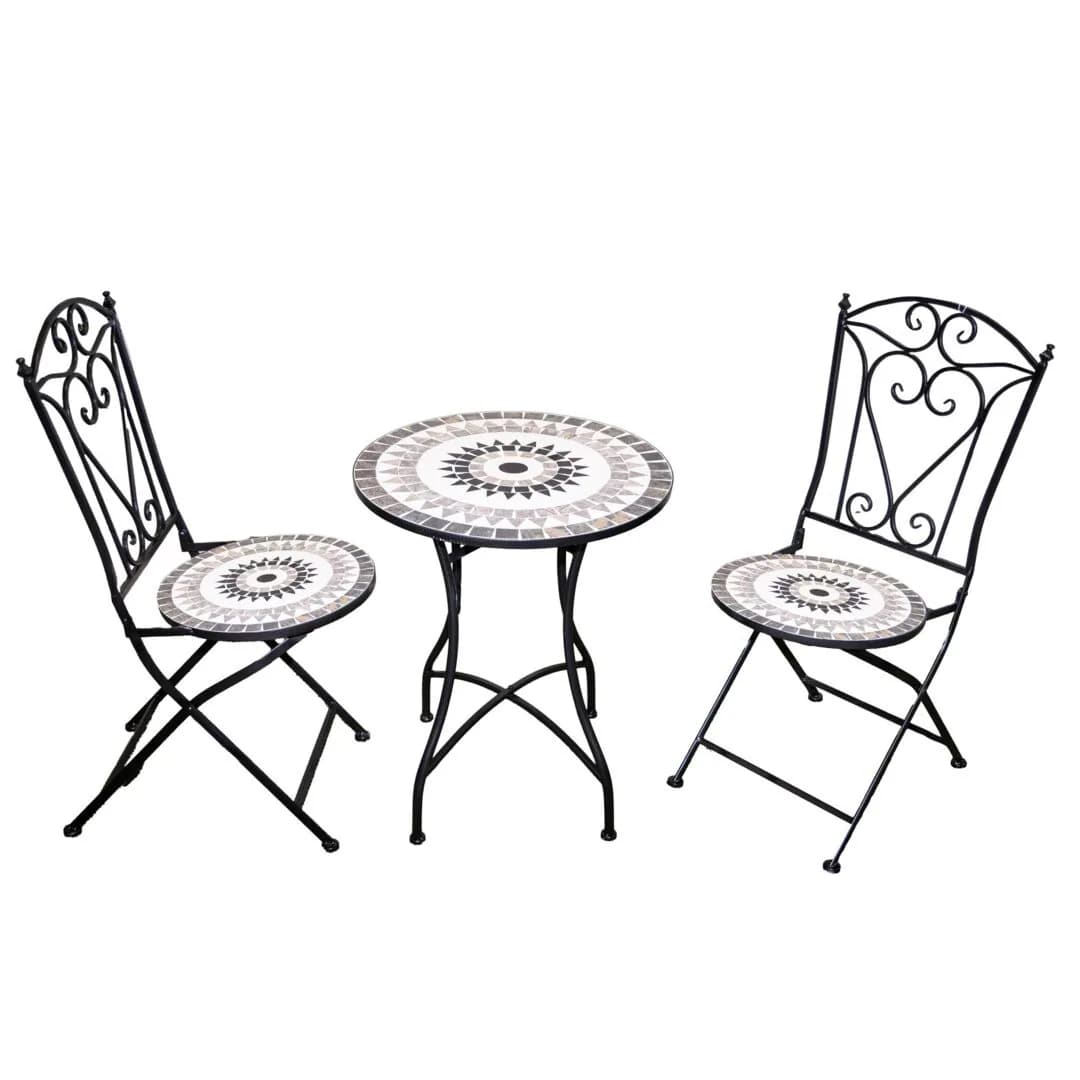 Mosaic Bistro Set with Folding Chairs, Ceramic Tile Outdoor Garden Furniture for Patio, Balcony and Terrace