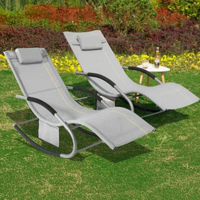Sobuy Ogs28-Hgx2, Set Of 2 Outdoor Garden Rocking Sun Lounger Recliner Relaxing Chair With Headrest And Side Bag, Grey