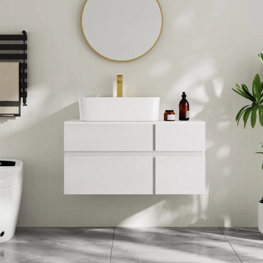 800mm Floating Wall-mounted Bathroom Vanity Faux Marble Top with Ceramic Vessel Sink White