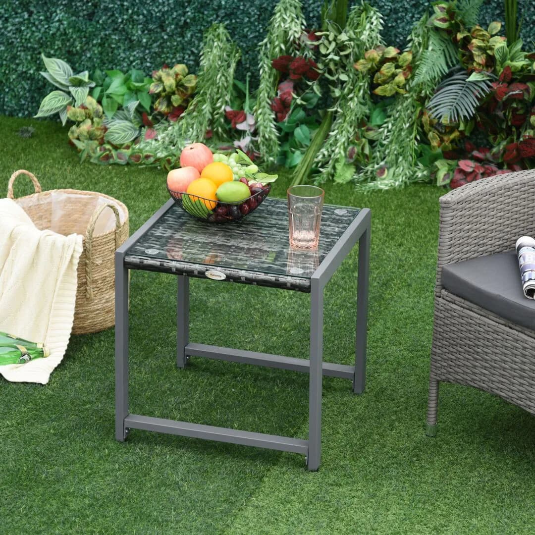 OUTSUNNY Rattan End Table Side Coffee Desk w/ Adjustable Foot Pads for Patio Garden in Grey