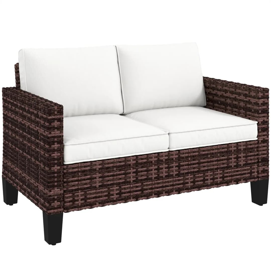 Outsunny Rattan Sofa with Cushions, 2 Seater Garden Furniture, Brown Brown