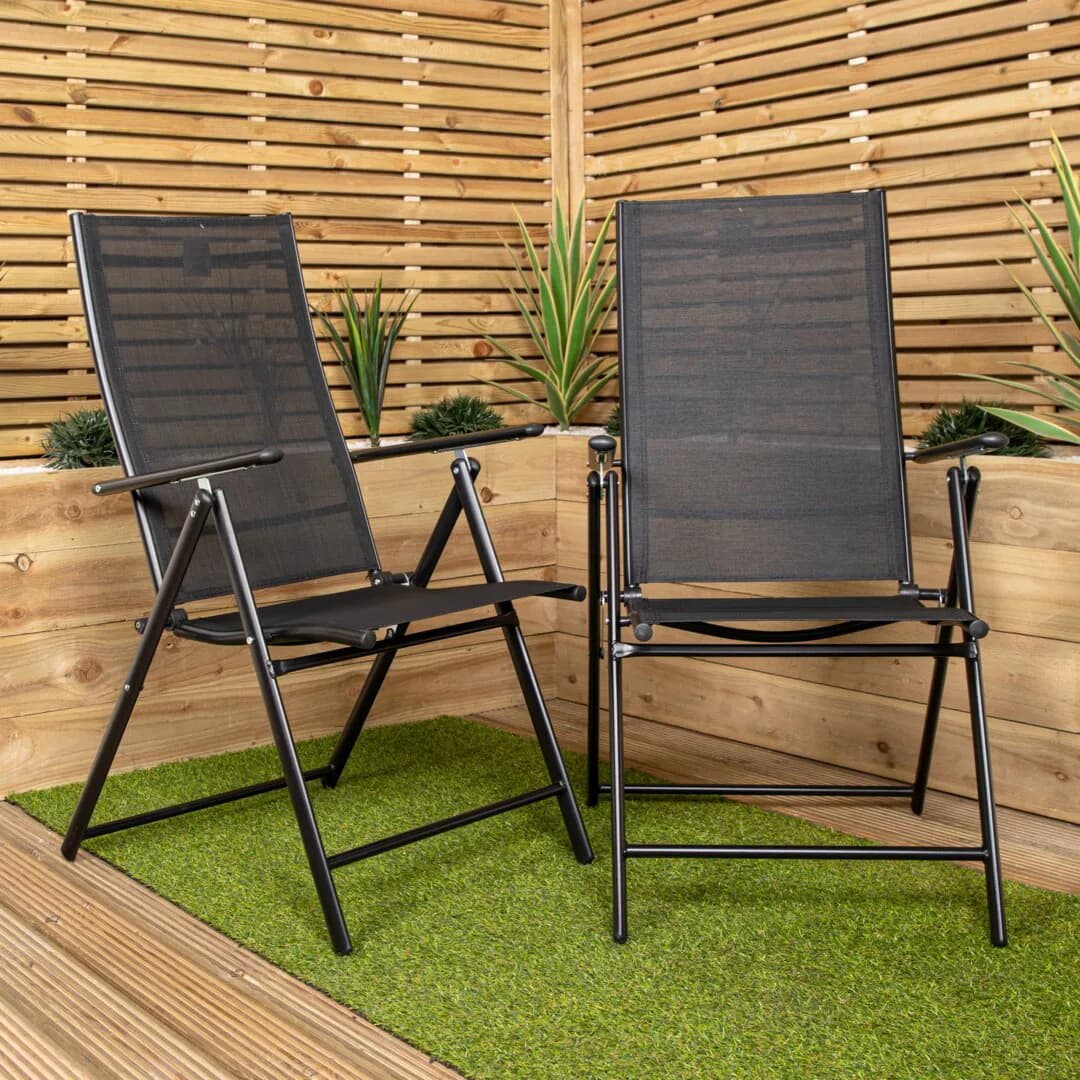 Set of 2 Outdoor Garden Patio Multi Position Reclining Folding Chair in Black Black Black