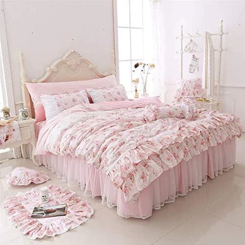 LELVA Romantic Roses Print Duvet Cover Set with Bed Skirt Pink Lace Ruffle Floral Shabby Chic Bedding Sets Queen 4 Piece