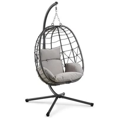 Vonhaus Hanging Egg Chair, Grey Rattan Garden Swing Chair With Stand, Foldable Hanging Chair W/ Padded Cushions, Outdoor…