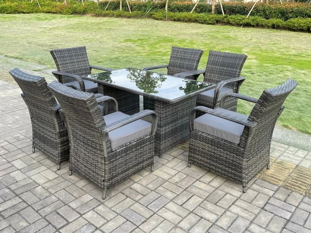 Fimous Rattan Garden Furniture Dining Set Table And Chairs Wicker Patio Outdoor 6 chairs plus black tempered glass…