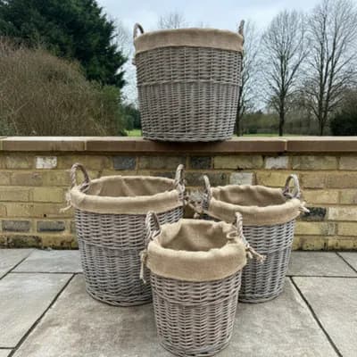 Round Driftwood Wicker Log Storage Basket With Hessian Liner