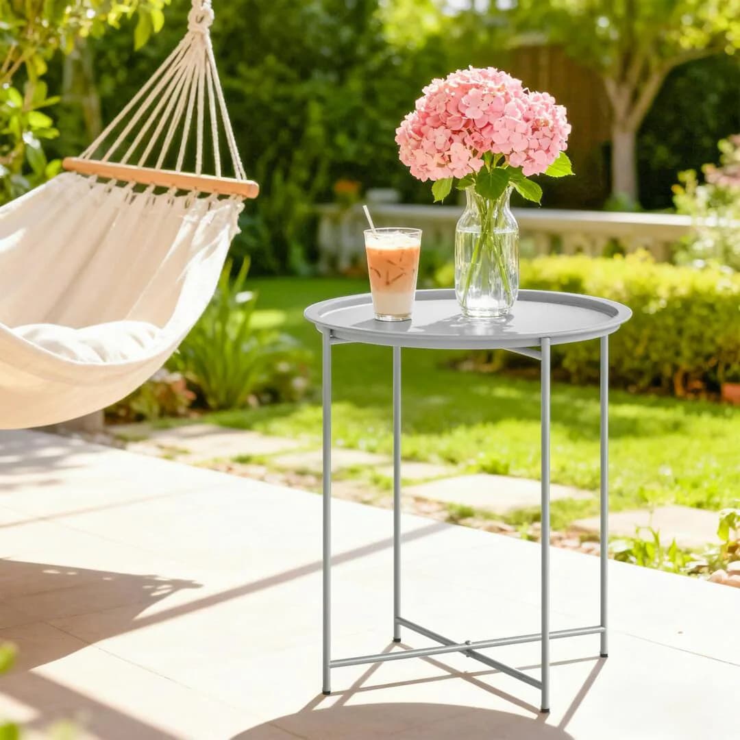 Rackhams 46cm Round Garden Table Side Table with Removable Tray - White - Φ46 x 50Hcm - Steel