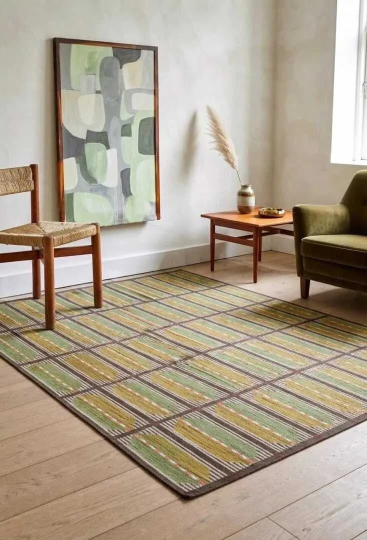 Handmade Green & Mustard Wool Kilim Rug - Nordic Minimalist Flat Weave Area Rug, Custom Boho Decor