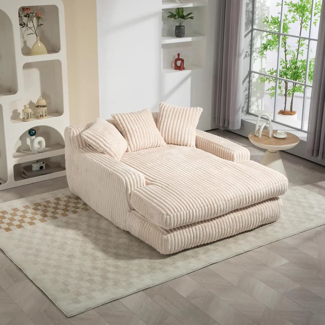 Oversized Chaise Longue Sofa with 3 Throw Cushions and Wide Armrests, Chair with Shredded Memory Foam Seat, 155L x 125W…