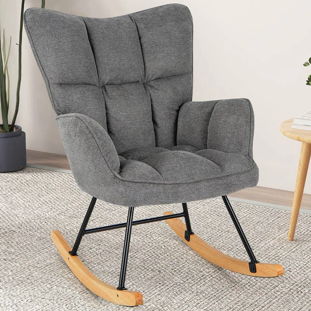 Costway Grey Linen High Backrest Nursery Rocking Chair - Size: 74 x 72 x 38cm - Wilko