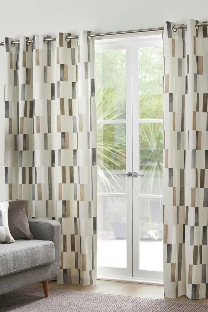 Fusion 'Oakland' 100% Cotton Modern Print Pair of Eyelet Curtains in Natural - Size: 229 cm width x 183 cm drop
