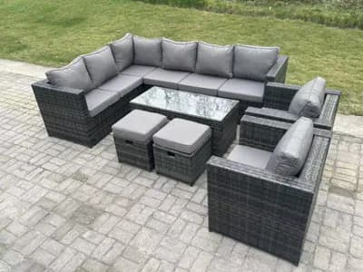 Fimous 10 Seater Rattan Corner Sofa Lounge Sofa Set With Rectangular Coffee Table 2 Stool Dark Grey Mixed Left Hand