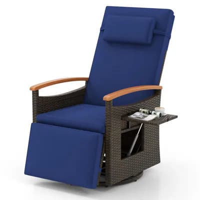 Gainoom Outdoor Swivel Rattan Recliner Chair Patio Wicker Chaise Lounge Chair Adjustable Backrest Footrest