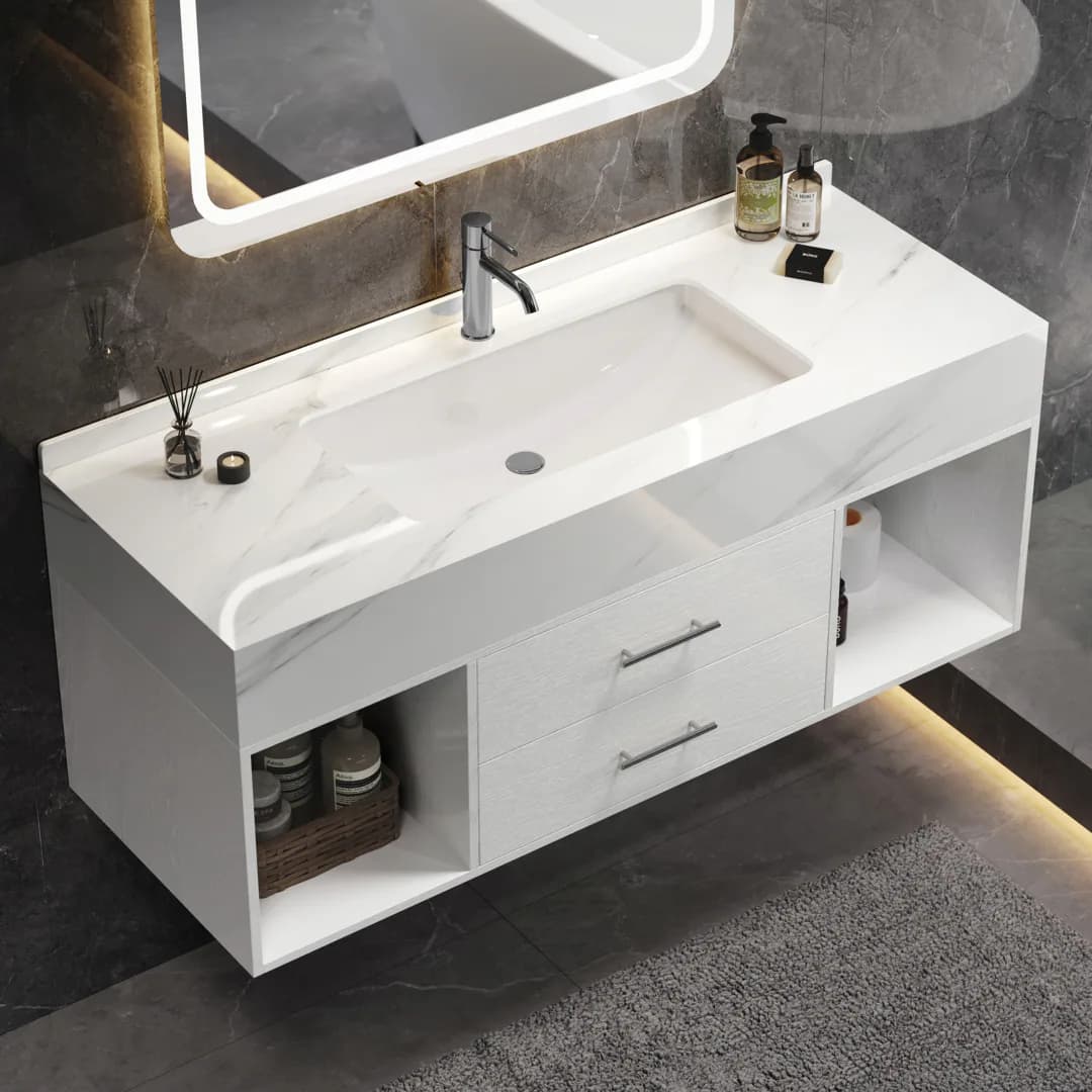 90 cm Floating Bathroom Vanity with Sintered Stone Vessel Sink with 2 Drawers in White