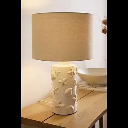 ValueLights Selene Linen Shade Ceramic Embossed Seashell Cream Table Lamp 47.5cm