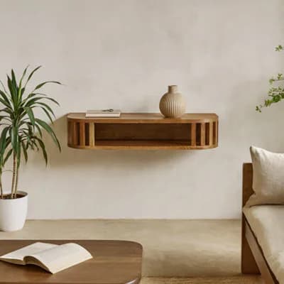 Wyld Haus Kailua Floating Mango Wood Slatted Console Table With Bone Inlay