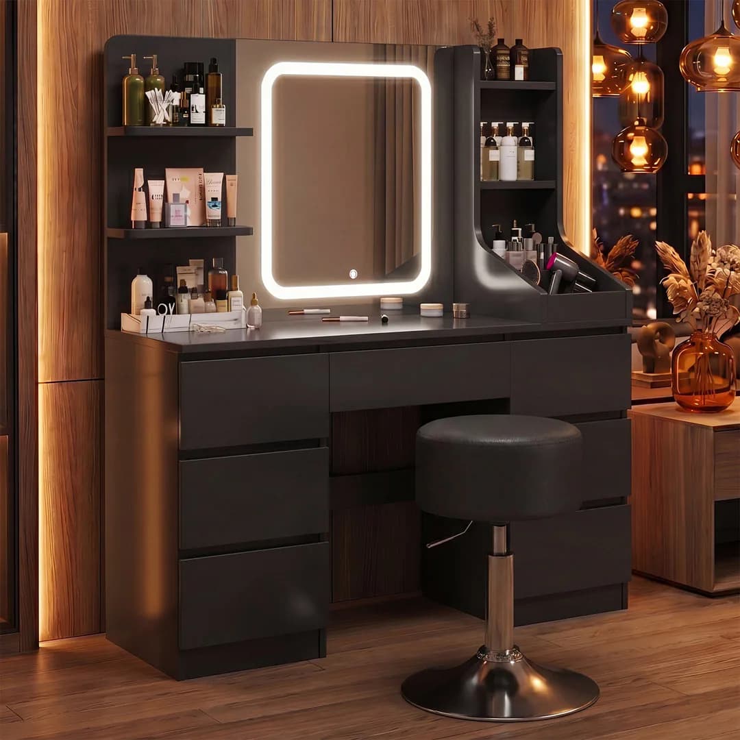 110Cm Desktop Grey Dressing Table 3 Colorful Light Makeup Vanity Table With Stool