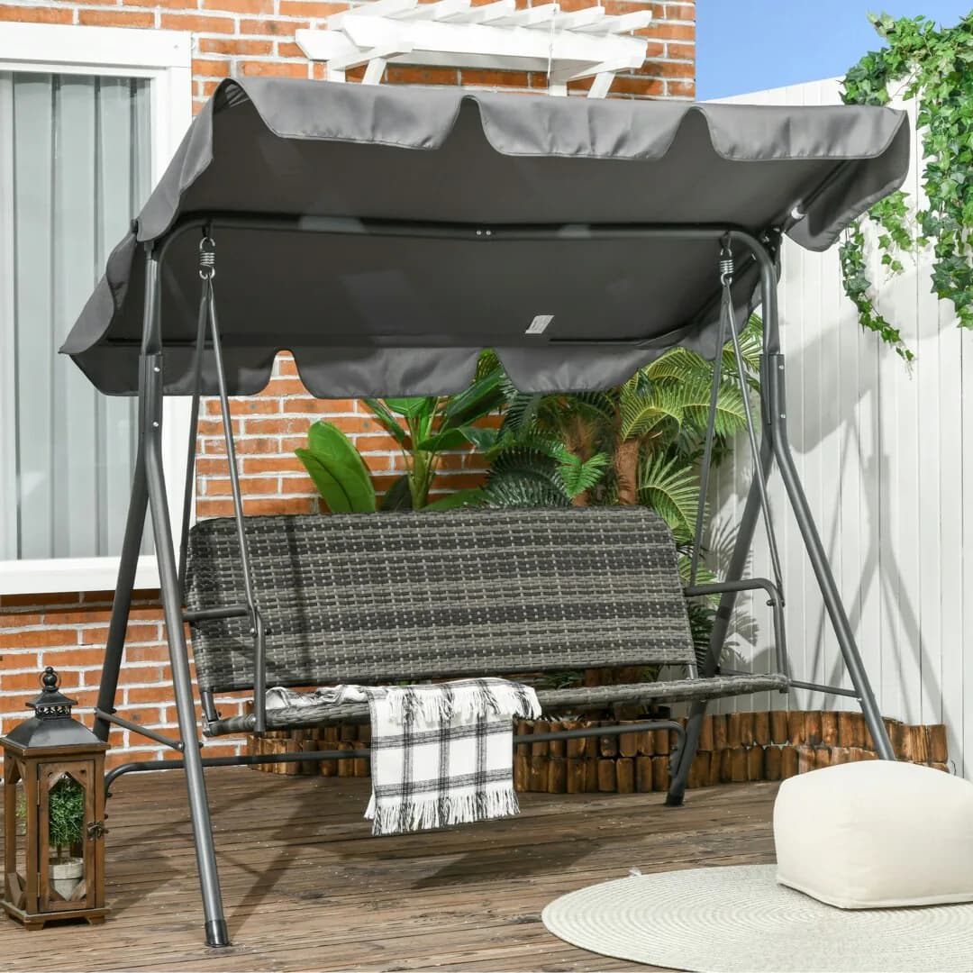Rackhams 3-Seater Rattan Swing Chair, Hanging Bench w/ Stand, Adjustable Canopy