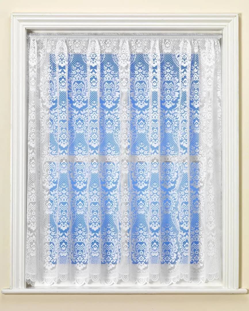 Traditional White Net Curtain in Luxury Victorian Lace Effect Damask Pattern. Sold By The Metre Width