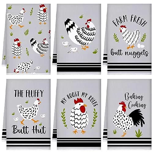 Boyiee Set of 6 Farm Chickens Kitchen Towels Farmhouse Absorbent Dish Tea Towels Rustic Country Rooster 24 x 16 Inches…