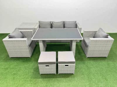 Fimous Patio Garden Furniture Sets With Black Glass Top Dining Table Armchair 3 Seater Sofa Side Table 2 Small Stool…