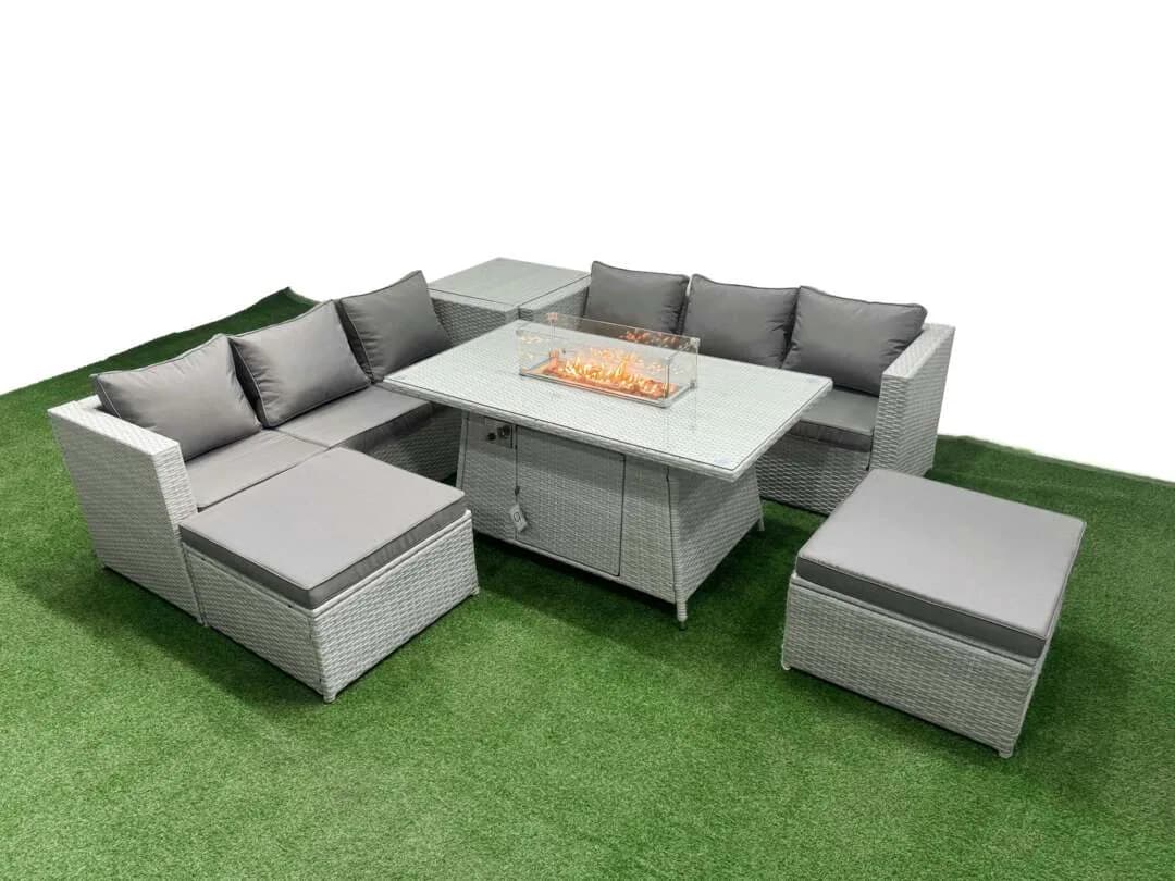 Rackhams 8 Seat PE Rattan Lounge Sofa Set Outdoor Garden Furniture Set with Fire Pit Dining Table 3 Seater Sofa 2 Stools…