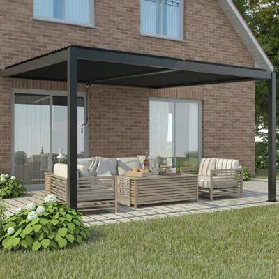 Primrose Living Deluxe Charcoal Wall Mounted Veranda With Louvered Shutter Roof 4M X 3M
