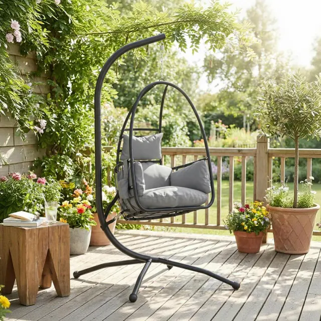 Rackhams Hanging Egg Chair, Swinging Hammock Chair with Stand, Dark Grey - Dark Grey - 1 - Swing Chair