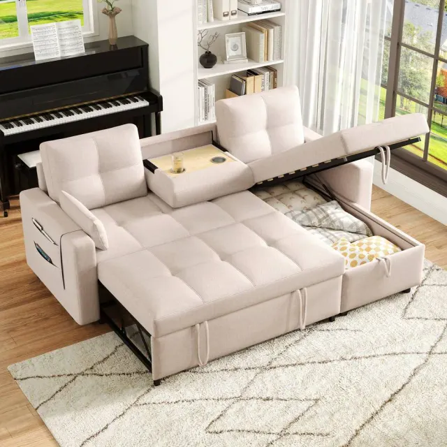 Matteo L-Shaped Corner Sofa Bed - Pull-Out, Storage, Cup Holder - Beige Linen