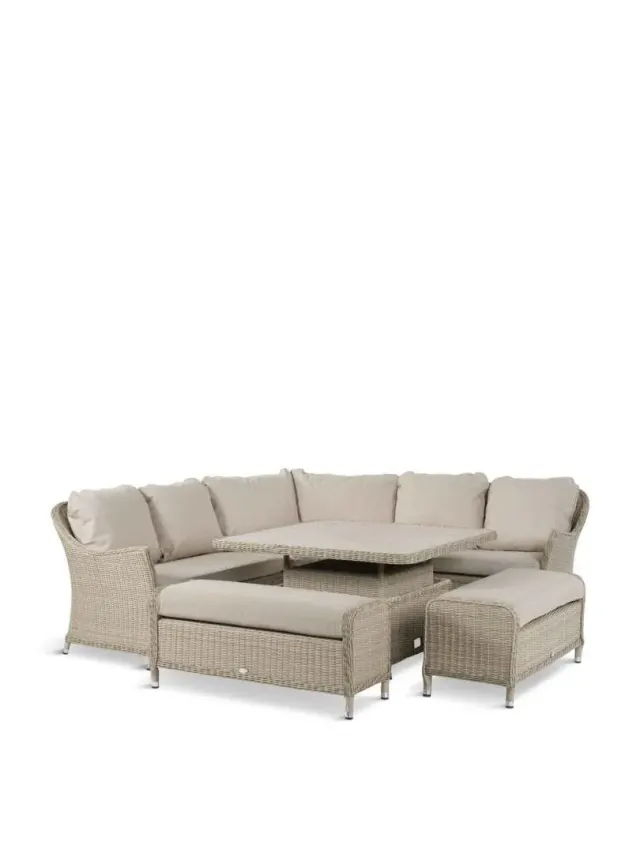 Bramblecrest Monterey Curved Corner Sofa Set With Square Dual Height Table & 2 Benches