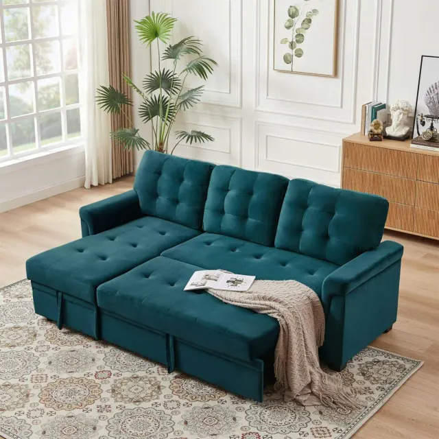 Rackhams L Shapred Corner Sofa Bed with Storage, Padded Sectional Transformable Sofa & Reversible Storage Chaise - Blue…