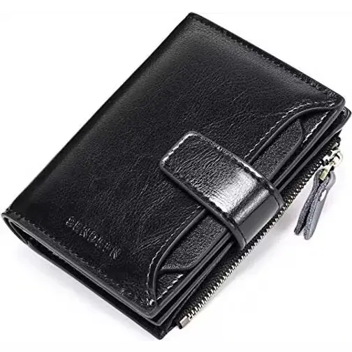 Sendefn RFID Blocking Leather Small Compact Bi-fold Zipper Pocket Wallet Card Case Purse with ID