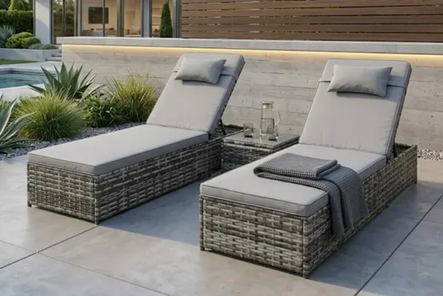 CLEARANCE! Elegant Garden Rattan Sun Lounger Set with Cushions - Grey or Black